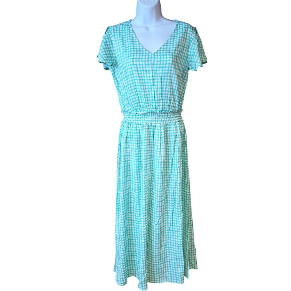 Candace Cameron Bure green and white gingham smocked‎ midi dress sz XXS